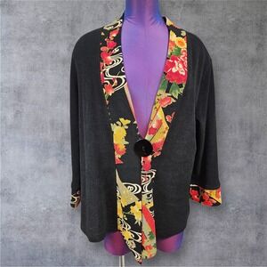Soft Surroundings Women's Kimono Style Jacket Black Floral Print Size Large H79